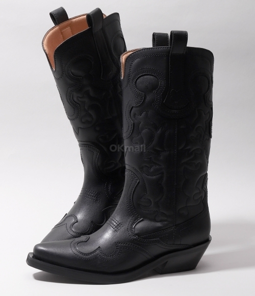 GANNI]BLACK MID SHAFT EMBROIDERED WESTERN BOOTS (S2824 004