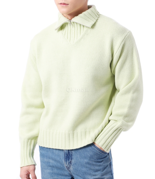 AURALEE]WOOL SOFT CORD KNIT HALF ZIP P/O LIGHT LIME (A24AP02FL