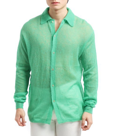 AURALEE]KID MOHAIR SHEER KNIT SHIRT CARDIGAN GREEN (A24AC01FG