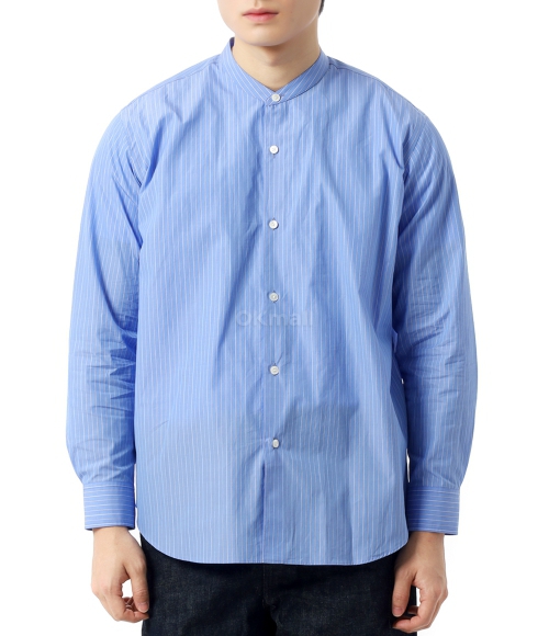 AURALEE]SUVIN HIGH COUNT CLOTH STRIPE STAND COLLAR SHIRT SAX BLUE