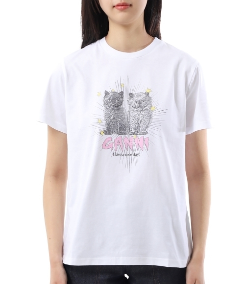 GANNI]WHITE BASIC JERSEY KITTENS RELAXED T-SHIRT (T4060 151