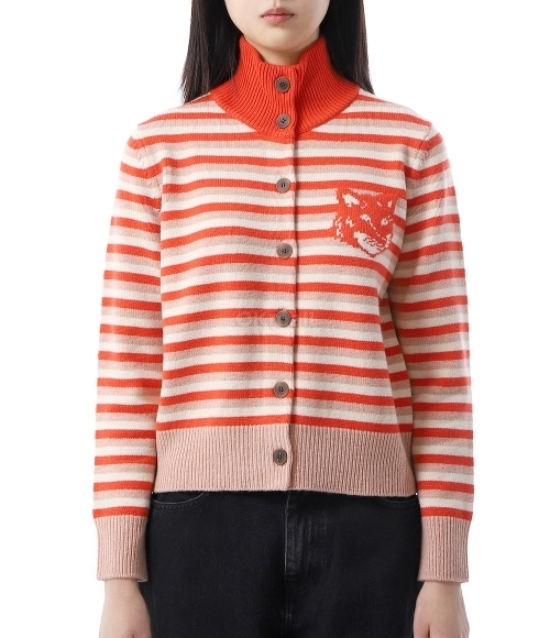 MAISON KITSUNE]FOX HEAD INTARSIA STRIPED HIGH NECK CARDIGAN