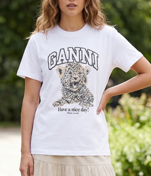GANNI]White Basic Jersey Leopard Relaxed T-shirt (T4124 943