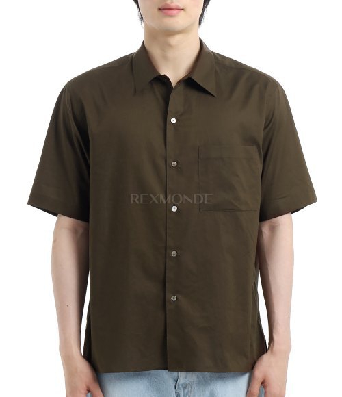 AURALEE]WASHED FINX TYPEWRITER OPEN COLLAR HALF SLEEVED SHIRT DARK
