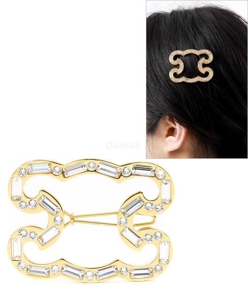CELINE]TRIOMPHE FRAME HAIR CLIP IN STRASS AND BRASS WITH
