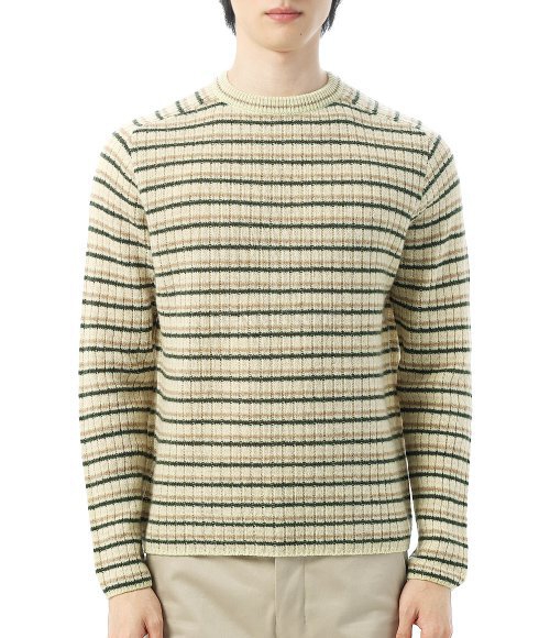 AURALEE]SHETLAND WOOL CASHMERE RIB KNIT P/O IVORY STRIPE