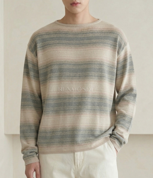 AURALEE]COTTON SILK GRADIENT STRIPE KNIT BOAT NECK P/O BLUE BEIGE