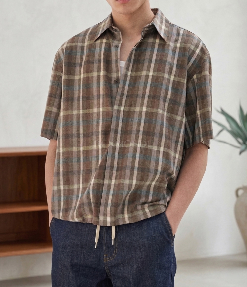 AURALEE]SUPER FINE TROPICAL WOOL CHECK HALF-SLEEVED SHIRT TOP