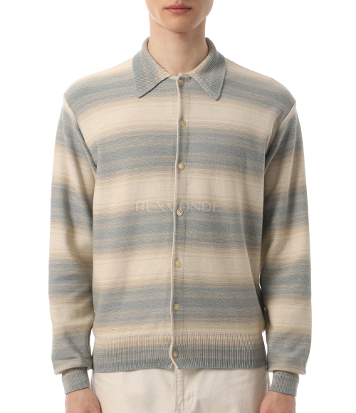 AURALEE]COTTON SILK GRADIENT STRIPE KNIT SHIRT CARDIGAN BLUE BEIGE