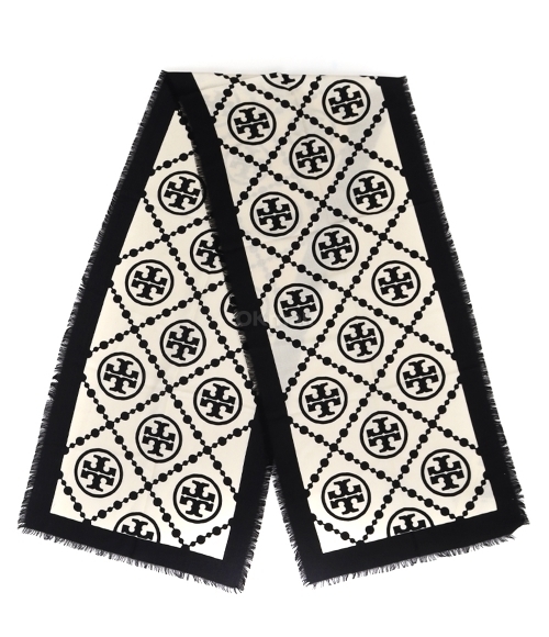 TORY BURCH｜ (T MONOGRAM BORDERED OBLONG (159384-001)) T Monogram Bordered Oblong Scarf: Women's Designer Scarves