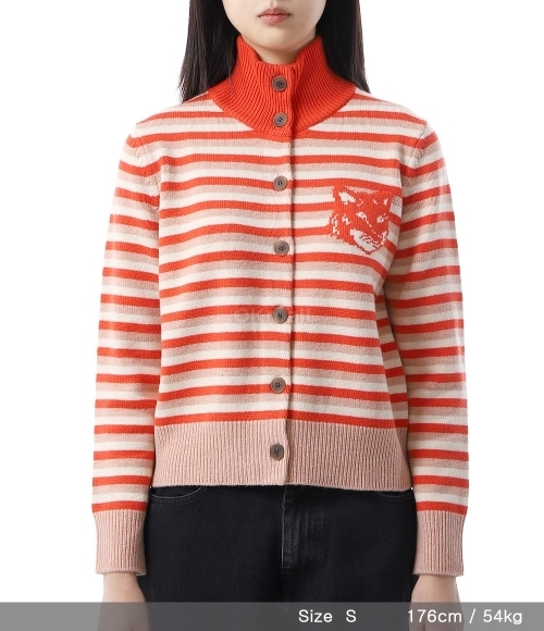 MAISON KITSUNE]FOX HEAD INTARSIA STRIPED HIGH NECK CARDIGAN