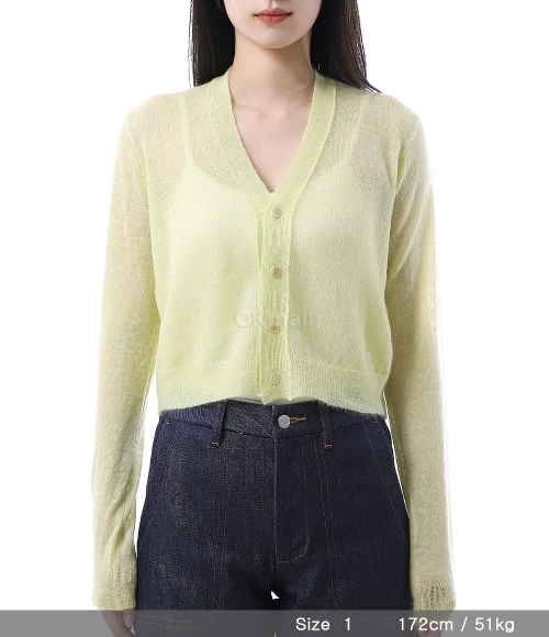 AURALEE]KID MOHAIR SHEER KNIT CARDIGAN LIME YELLOW (A25SC04FG