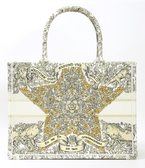 Dior｜ (M1296ZEDP 01E) Medium Dior Book Tote Latte Embroidery with Gold-Tone