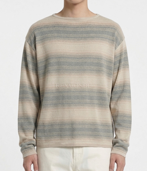 AURALEE]COTTON SILK GRADIENT STRIPE KNIT BOAT NECK P/O BLUE BEIGE
